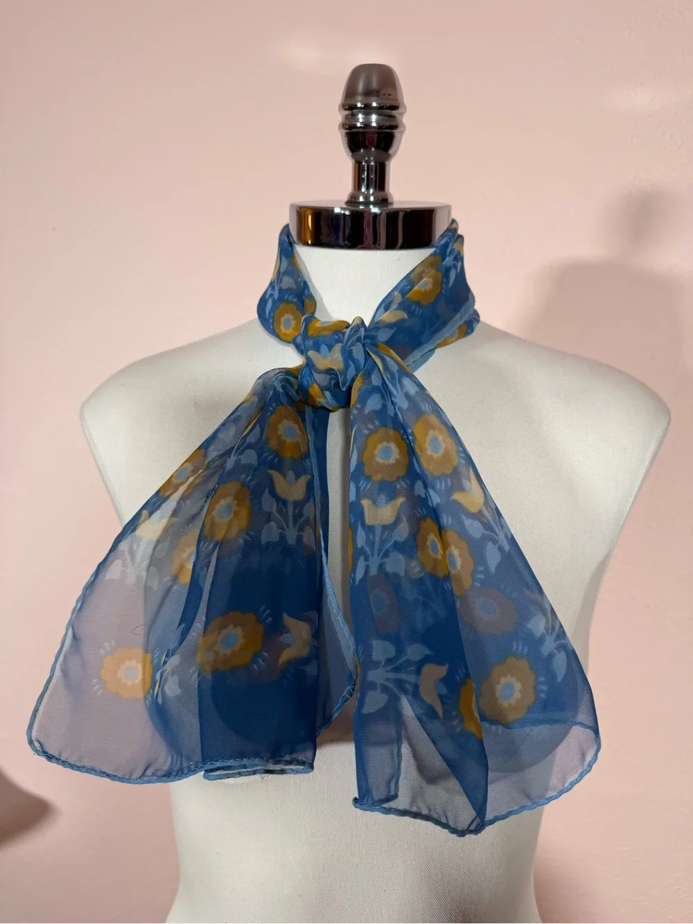 Vintage Cottagecore floral semi sheer blue tan long rectangular scarf